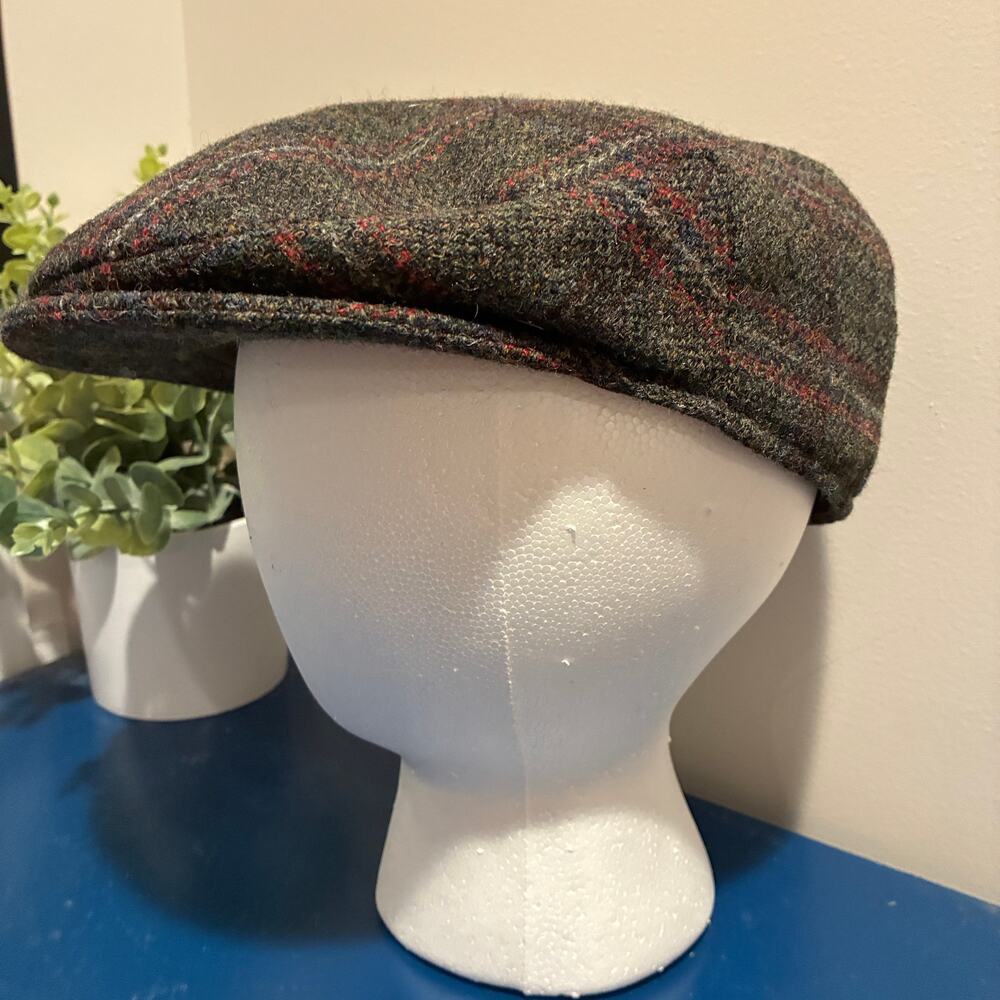 VTG Hanna Hats Brown Wool Plaid Tweed Newsboy Flat Cap Size XL Donegal Irish Ivy